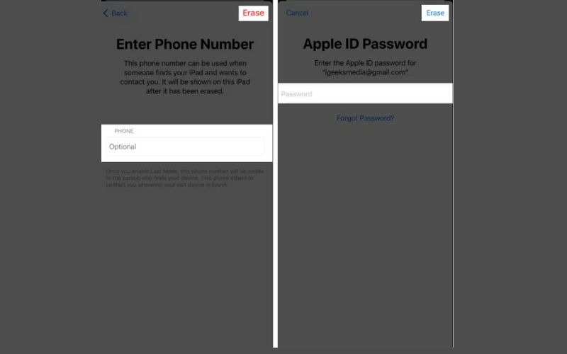 Ingresar contraseña de Apple y borrar