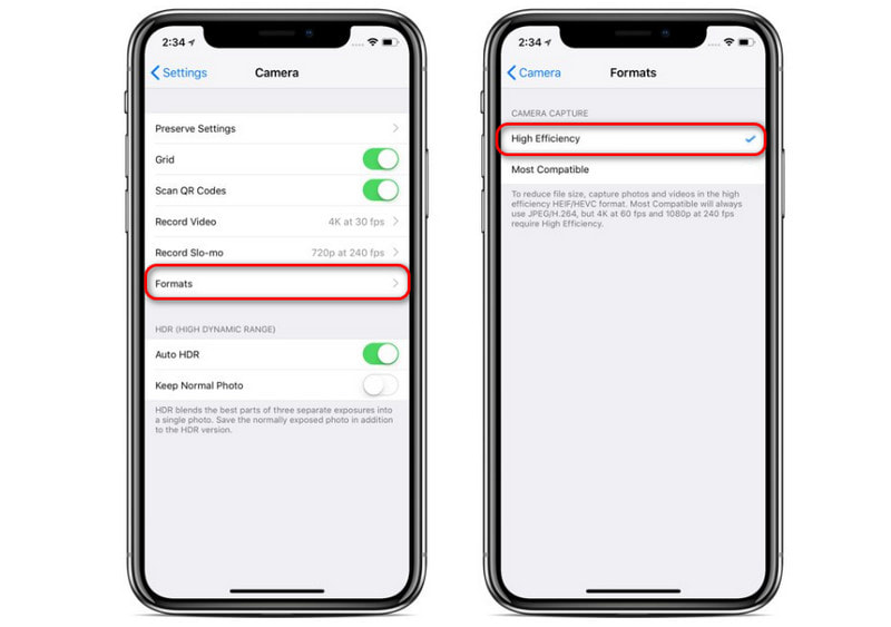 Configuración de la cámara del iPhone Alta eficiencia
