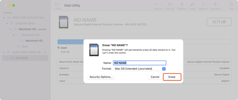 Formatear la tarjeta SD en la Utilidad de Discos de Mac