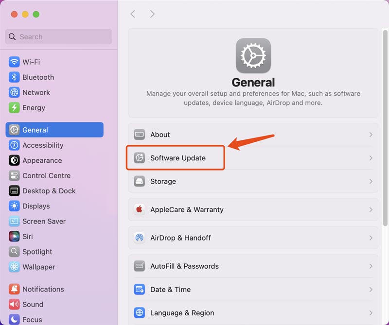 Comprobación de actualización general del software de Macbook