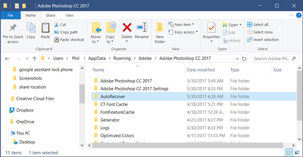 Archivos guardados automáticamente de Photoshop almacenados