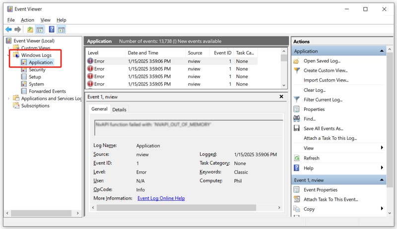 Aplicación de verificación de registros de Windows del Visor de eventos