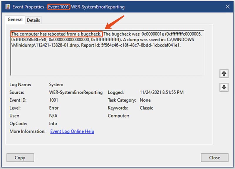 La computadora se ha reiniciado debido a un error de verificación Evento 1001