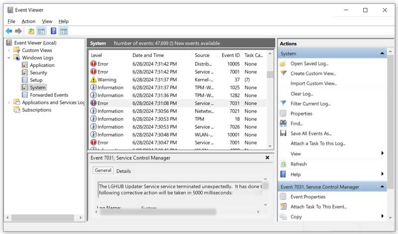Errores del sistema del Visor de eventos de Windows