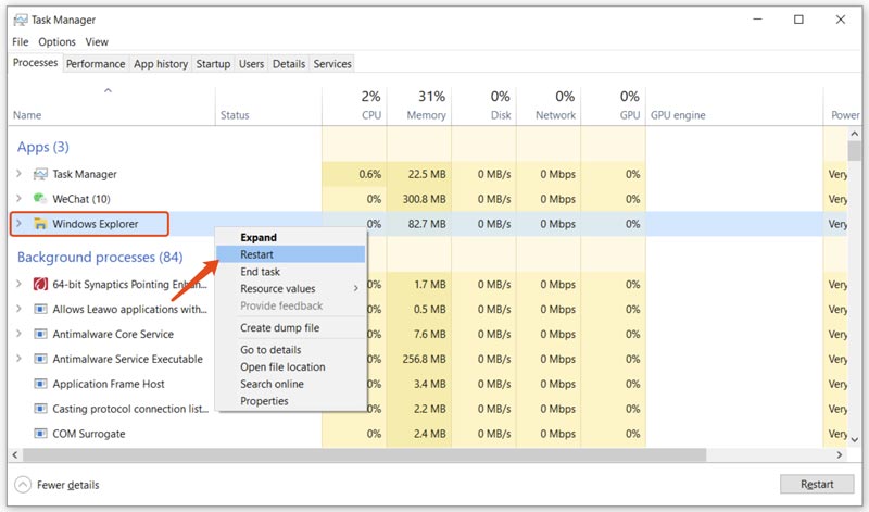 Reiniciar el Explorador de Windows en el Administrador de tareas