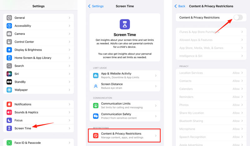 Restricciones de privacidad de contenido de Tiempo de pantalla desactivadas