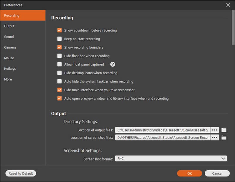 Configuración de Aiseesof Formato de salida de vídeo