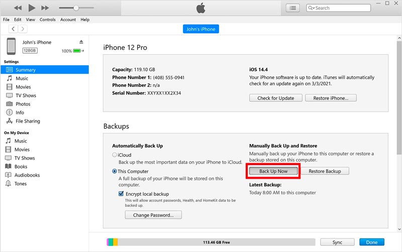 Back up iPhone to Itunes Backup Now