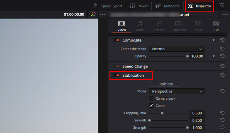 Estabilización del inspector de Davinci Resolve