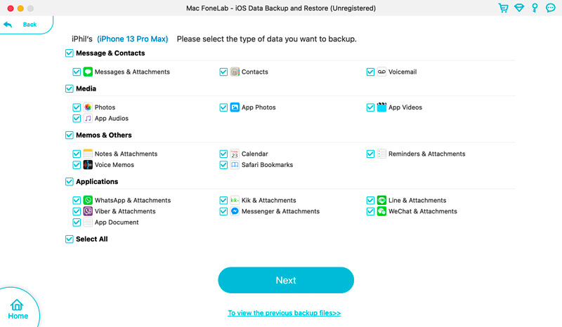 Seleccione los tipos de datos de iOS para respaldar