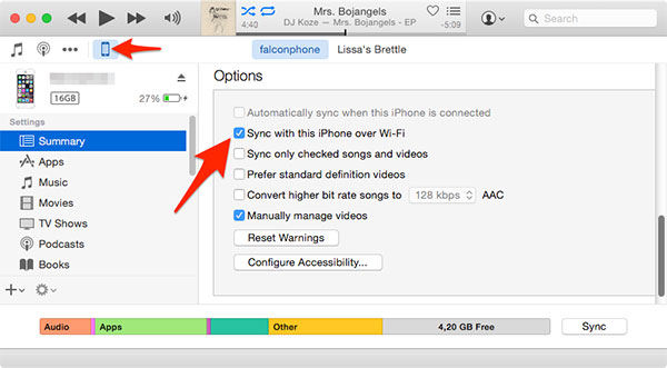 Sincronizar iPhone a través de Wi-Fi